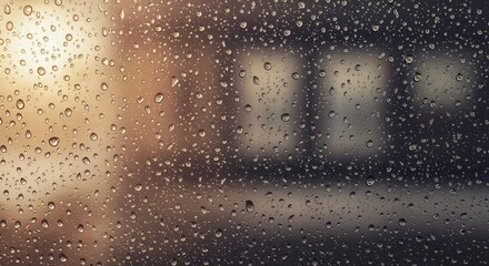 Fototapeta premium Closeup of raindrops on windowpane with blurred indoor background 