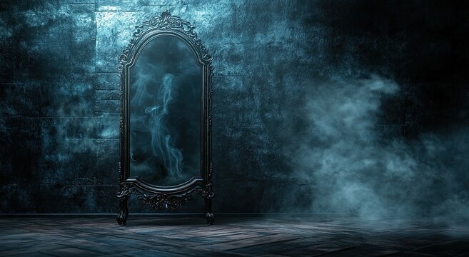 An ornate, antique mirror stands against a smoky, dark stone wall; a ghostly figure is faintly reflected within the glass, adding to the eerie ambiance