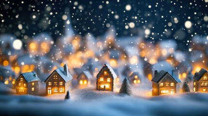 Fototapeta premium Miniature illuminated houses in a snowy landscape under falling snow, creating a festive Christmas village scene with a magical and cozy atmosphere during winter season.