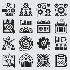 Business Plan Icon Set – Black and White Line Style, Strategy and Planning Symbols
