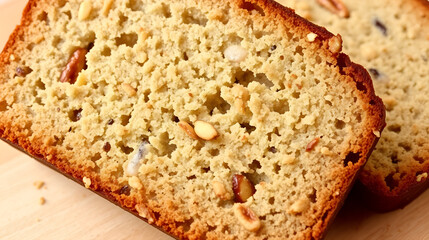 The moist, tender crumb of a freshly sliced loaf of banana bread, dotted with nuts.