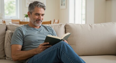 Fototapeta premium Middle-aged man reading book while sitting on sofa in living room 