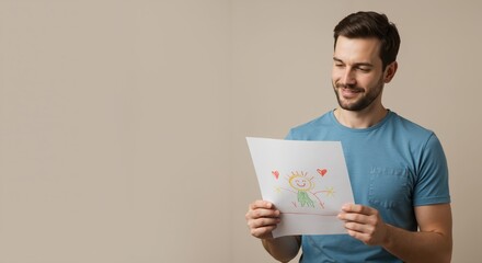 Man smiling while holding child's drawing in indoor setting  