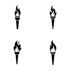 Vector set of four black torch icons illustrating different flame styles