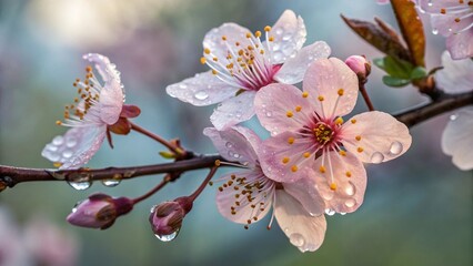 Obraz premium Delicate Pink Spring Blossoms with Dew Drops