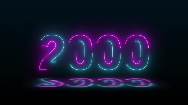 Neon glittering 2000 text on reflection festive background, Christmas and new year celebration. Text new year 2000 neon effect animation.