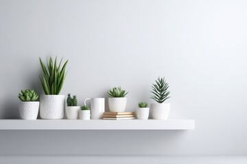 Aesthetic Arrangement of Modern Indoor Plants in Minimalist White Pots on a Simple Shelf Against a Soft Grey Background for a Contemporary Home Decor
