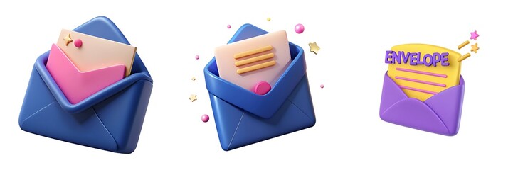 Colorful 3d rendered set of open envelopes with letters and decorative elements on white background
