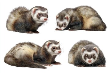 playful ferrets in various poses studio shot showcasing energetic and curious behavior of domestic pet mustelids isolated on white background