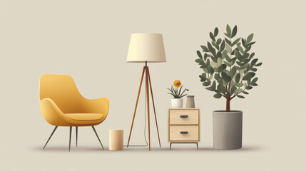 Furniture-themed vector logo combining lamp, chair, drawer, flowerpot, and home styling elements