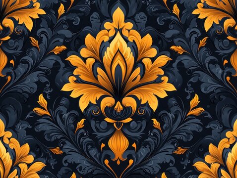 Fototapeta Ornate gold and dark-blue damask pattern   intricate floral design repeats seamlessly