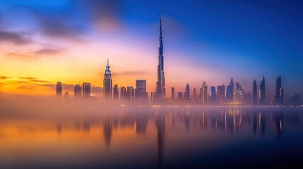 A city skyline shrouded in fog, with only the tallest buildings visible