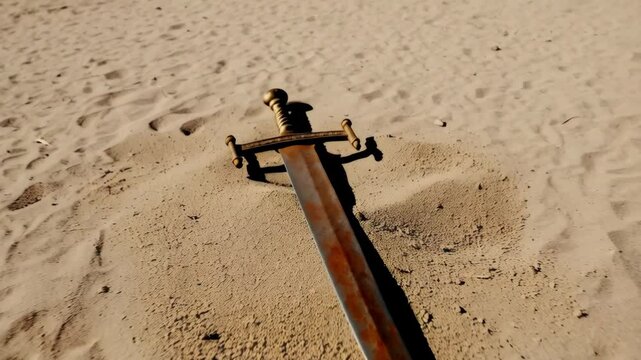 A Medieval single-edged sword stuck in the desert sand, a barren landscape with distant sand dunes, weapon of legends