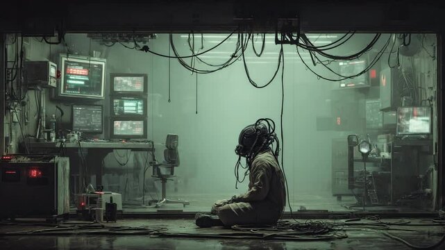Illustration where a cybernetic operator sits in a high-tech lab filled with glowing screens