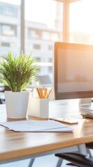 Fototapeta premium Bright workspace with minimalist design elements in natural light