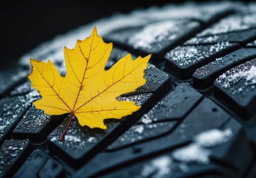 A vibrant yellow maple leaf rests on a dark, snow-dusted tire tread, contrasting autumnal warmth against winter's chill