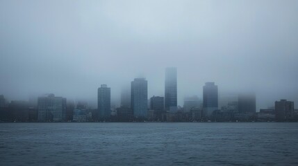 Naklejka premium A city skyline shrouded in fog, with only the tallest buildings visible
