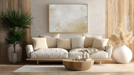 Naklejka premium Calm Living Room Interior Design: A serene and minimalist living room features a light beige sofa with plush cushions, a wooden coffee table, a large abstract artwork.