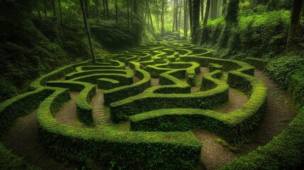 Naklejka premium Aerial view of a green hedge maze in a forest. The labyrinth is surrounded by tall trees and lush vegetation, creating a sense of mystery and challenge.