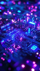 Obraz premium Intricate technological circuit board design with vibrant illumination effects
