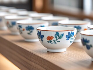 Elegant ceramic bowls with floral design arrayed for dining or food presentation