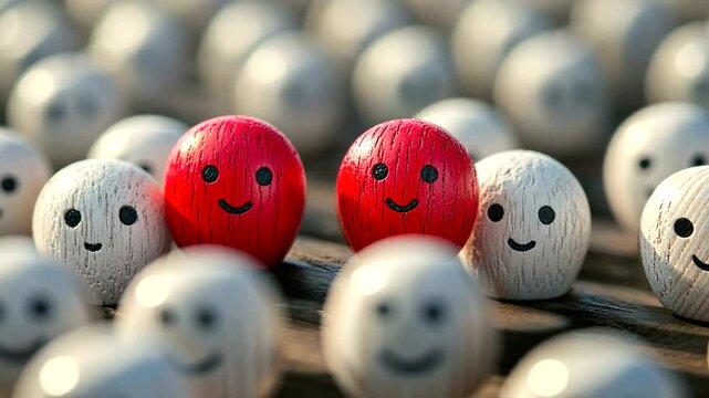 Colorful wooden balls with smiling faces on a wooden surface, creating a playful atmosphere