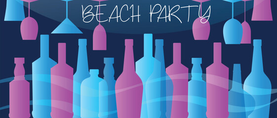Set of alcohol bottles, glasses, beach party. Drink, festival, red wine, martini, chardonnay, rum, brandy