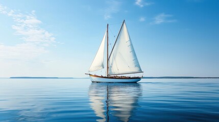 Fototapeta premium A classic sailboat gliding through calm waters, with a clear blue sky overhead