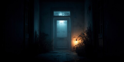 Obraz premium Eerie hallway with dim lighting at night.