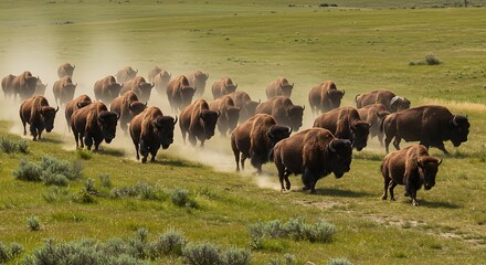 Bison herd running across plains