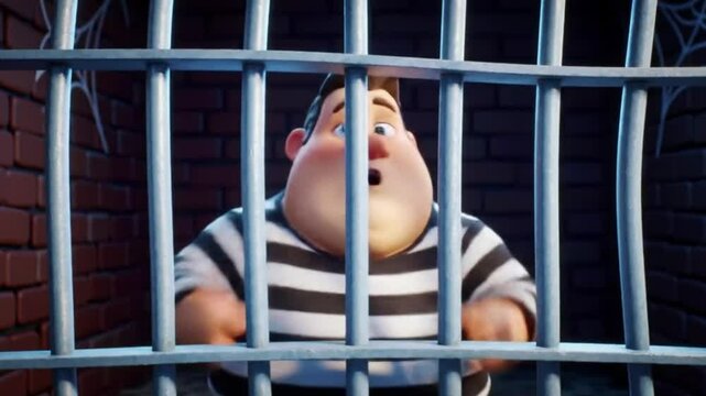 Jail bars cartoon with a sad prisoner looking through. Suitable for illustrating confinement, imprisonment, seeking freedom, justice, or despair themes.