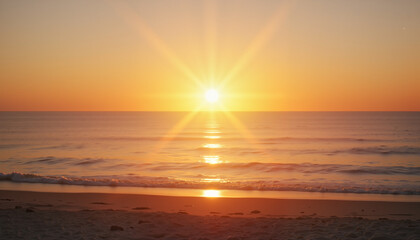 Golden sunset over calm ocean, serene beach tranquility