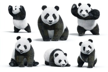 Fototapeta premium Pandas in various cute and expressive poses adorable wildlife portraits of charming black-and-white bears isolated on white background
