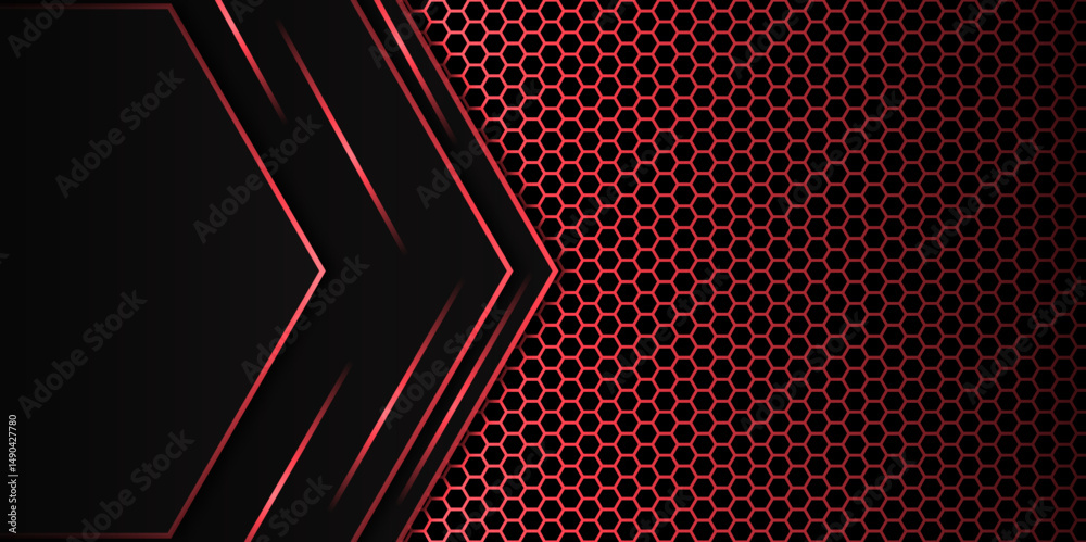 Wall mural abstract futuristic red and black tech background with hexagonal metal pattern. abstract hexagon pat