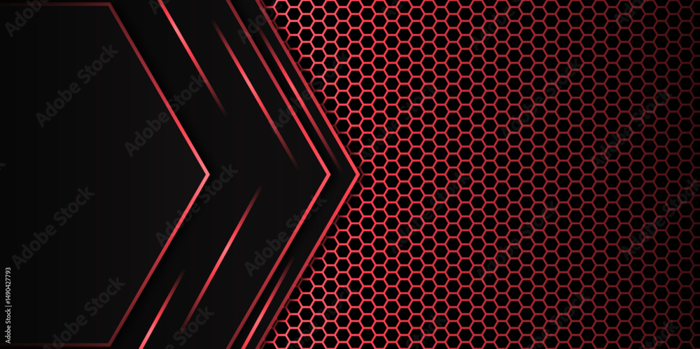 Wall mural abstract futuristic red and black tech background with hexagonal metal pattern. abstract hexagon pat