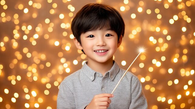 Happy smiling boy holding a sparkler against a bokeh background.