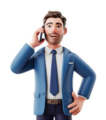 Naklejka premium Smiling 3D businessman talking on phone isolated on transparent background. businessman talking on phone png. 