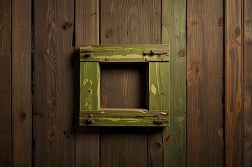 Rustic Green Wooden Frame with Empty Center Mounted on a Weathered Wooden Wall Surface

