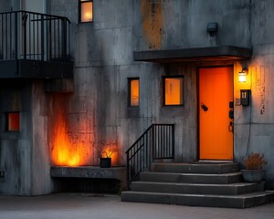 Fototapeta premium Urban Oasis Fiery Sunset Glow on Orange Door.