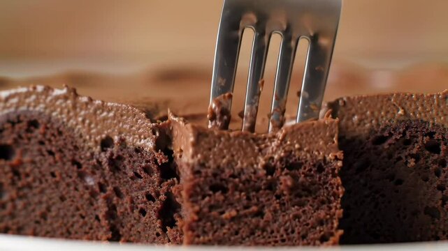 A rich chocolate brownie gets pierced by a fork Sweet temptation and close up baking Soft delicious looking dessert Simple pleasure presented