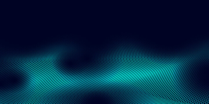 Abstract futuristic hexagon wave with moving dots. Flow of particles. Cyber technology with hexagon pattern. 