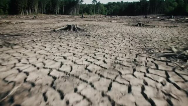 Barren landscape with cracked earth stumps linger