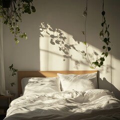 Serene Bedroom Retreat with Natural Light and Greenery, Featuring Soft Linen Bedding and Inviting Atmosphere for Relaxation and Rejuvenation