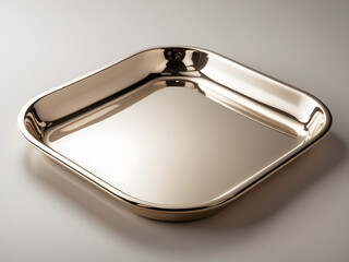 Shiny Serving Tray: An empty square serving tray with a polished metal surface reflecting subtle light, highlighting its minimalist design and elegant form. 