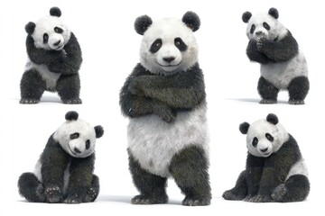 Pandas in various cute and expressive poses adorable wildlife portraits of charming black-and-white bears isolated on white background