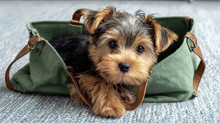 Adorable Yorkshire terrier puppy resting inside green canvas bag on carpeted floor in cozy indoor scene