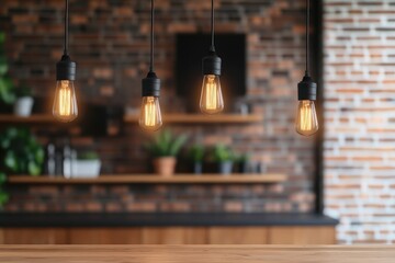 Obraz premium Pendant lights with edison bulbs illuminating rustic interior with brick wall and wooden countertop