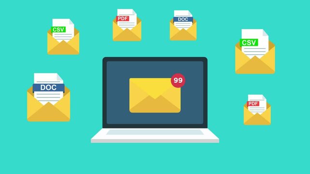 animation email notification on laptop.email with counter social media concept.animated email on laptop showing lots document