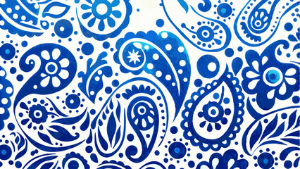 blue pattern on white background, featuring paisley pattern, blue and white pattern, watercolor pattern, decorative pattern, intricate design, floral pattern, textile design, vector illustration.