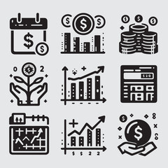 Business Plan Icon Set – Black and White Line Style, Strategy and Planning Symbols